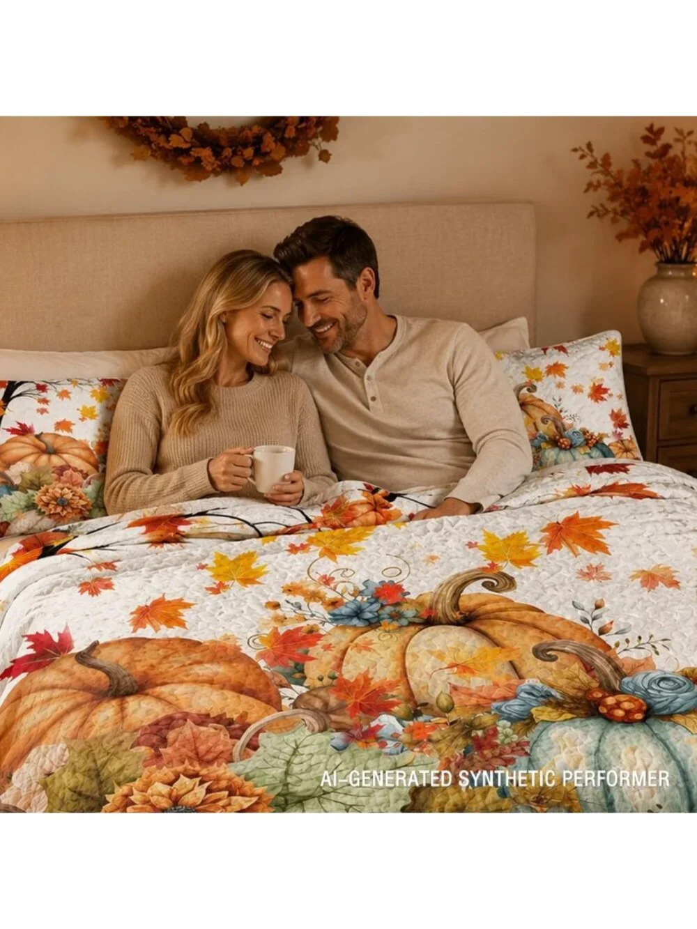 Colorful Pumpkin King Quilt - Halloween & Fall Blue Bedding Set for Cozy Decor